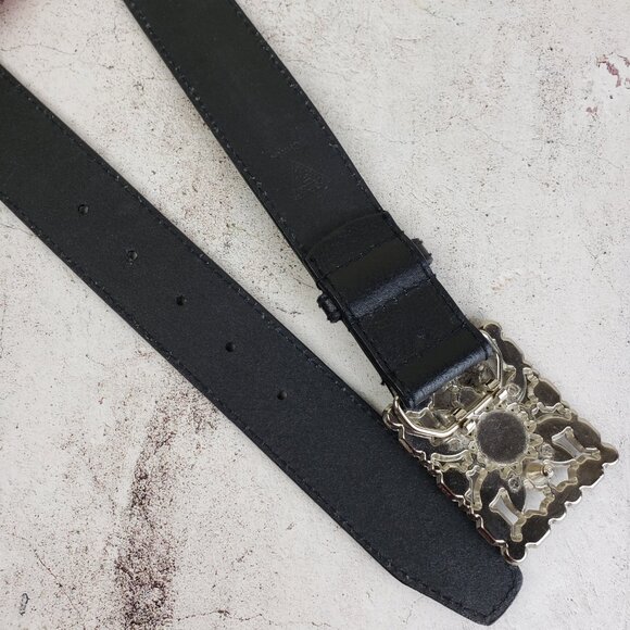 Vintage Y2K GUESS 100% Leather Belt Black Bedazzled Buckle Crystals size M main image 5